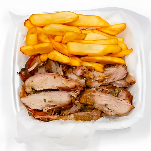 A white takeout container filled with Sunny's Bar B Que sliced pork and golden potato wedges.