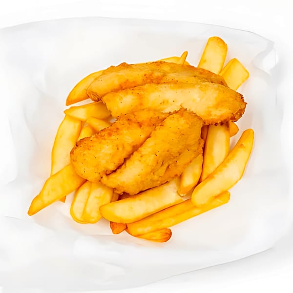 Golden fried chicken tenders and thick-cut french fries served in a white paper-lined basket.